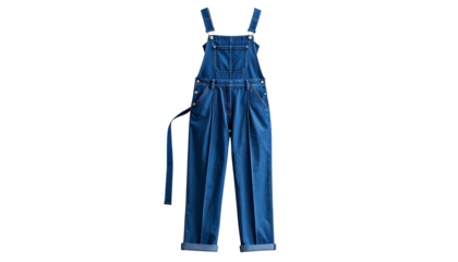 Isolated, flat-lay image of classic denim overalls with rolled cuffs and suspenders