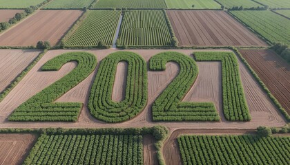 Green crops formed into 2027 in farmland aerial view