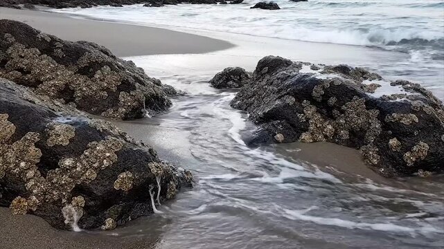 Rocky Beach Close-Up with Gentle Wave Wash. High-Angle View of Water Swirling Around Barnacled Rocks. Peaceful Tidal Flow on Overcast Coastal Shore.
