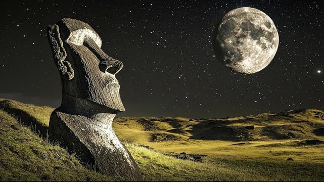 A majestic moai statue under a starry sky and full moon.