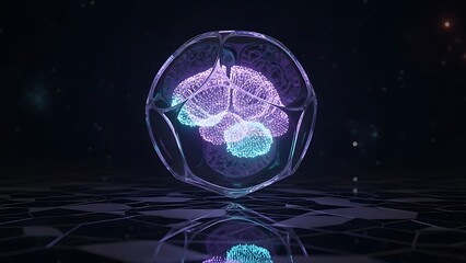 Glowing brain encapsulated in a transparent oval orb with purple and blue luminescence