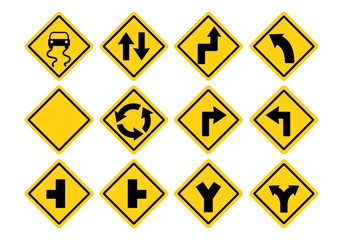 Yellow traffic road sign set with warning danger symbol and safety direction icons vector collection