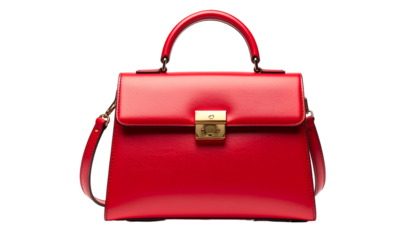 Glossy red structured handbag with top handle, clasp closure, and shoulder strap