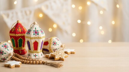 Celebrating festive traditions with colorful lanterns and gingerbread cookies cozy indoor setting holiday decor captivating atmosphere warm lighting cultural significance