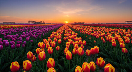 field of tulips at sunset
