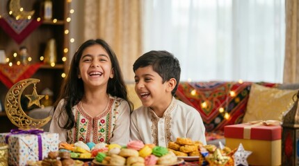 Joyful celebration of festive treats children sharing delicious snacks at home warm and inviting atmosphere heartwarming family moments emphasizing togetherness and happiness
