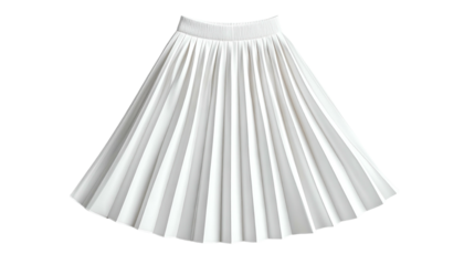 A white, pleated midi skirt with an elastic waistband, isolated on a transparent background