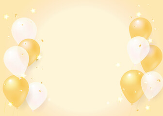 GOLDEN Birthday Background with White Balloons and stars  Copy Space Soft Pastel Design