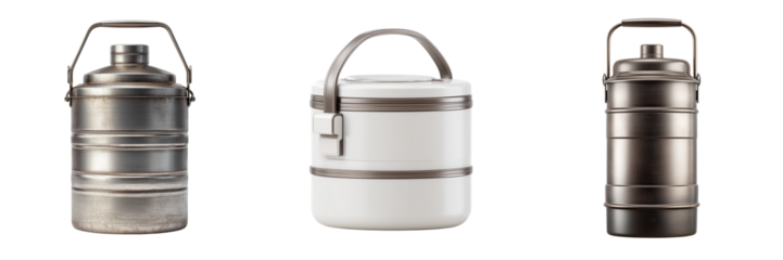 Three stacked food containers with handles one white two metal isolated on a transparent background image