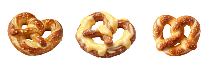 Three pretzels one with cheese sauce isolated on a transparent background