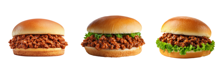Three Sloppy Joe Sandwiches with Lettuce and Buns isolated on a transparent background food