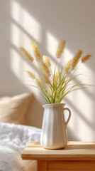 Naklejka premium Dried wheat bouquet in ceramic vase on wooden bedside table with warm sunlight and linen bedding. Boho minimal bedroom decor, serene natural still life with copy space.