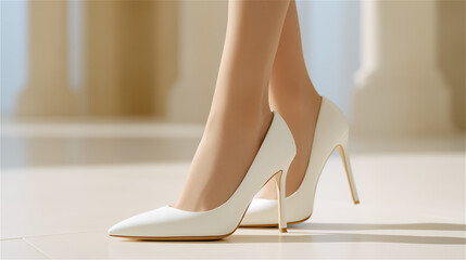 Close up of adult woman legs in white high heels stepping on bright studio floor. Elegant monochrome footwear, chic fashion and confidence concept with copy space.