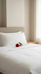 Bed with a single red rose and pillow on a soft white blanket  