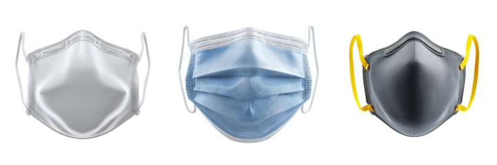 Three different types of face masks including white surgical and grey respirator isolated on a transparent background