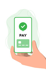 A person holds a smartphone showing a payment confirmation with a green checkmark on the screen and a card design below.