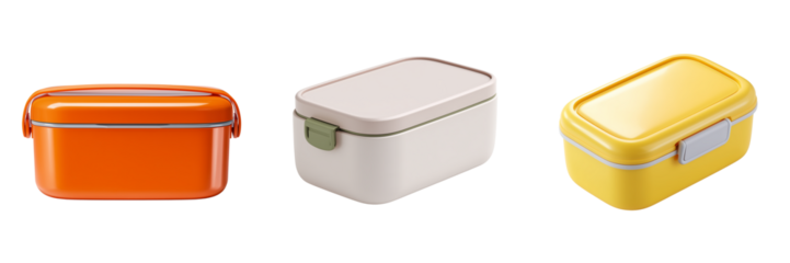 Three colorful lunch boxes in orange white and yellow isolated on a transparent background lunchbox food