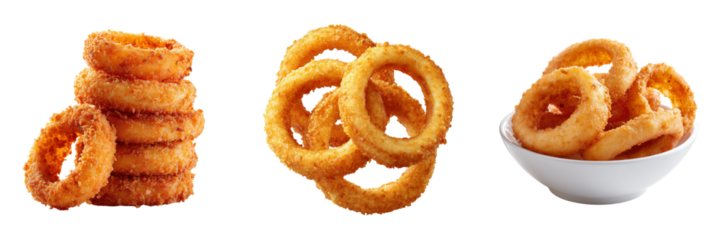 Stacked golden brown crispy onion rings and a bowl of onion rings isolated on a transparent background