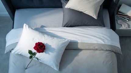 A fresh red rose on a carelessly lying pillow