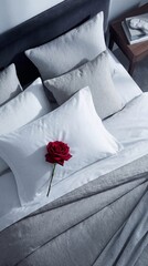 Top view of a single rose and pillows on a soft bed in modern room  