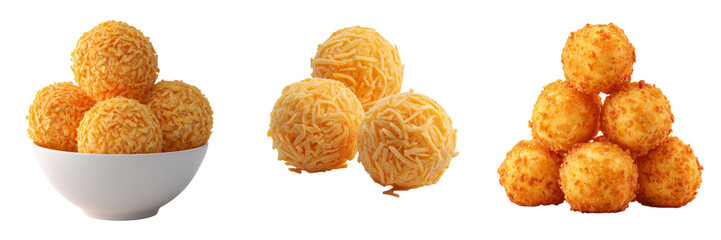 Golden fried cheese balls arranged in a bowl and stacked pyramid style isolated on a transparent background