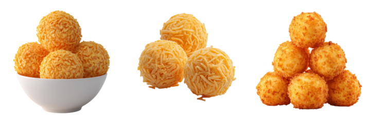 Golden fried cheese balls arranged in a bowl and stacked pyramid style isolated on a transparent background