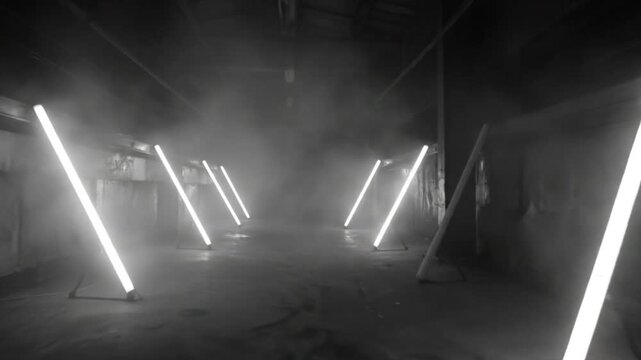 Dark atmospheric industrial space illuminated by bright neon lights with smoke fog creating mystery and suspense