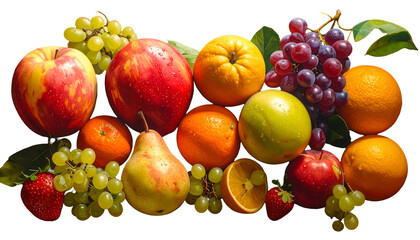 Colorful arrangement of various fruits, including apples, grapes, oranges, and pears