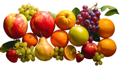 Colorful arrangement of various fruits, including apples, grapes, oranges, and pears