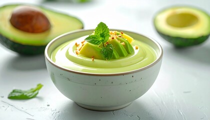 Avocado soup with sliced avocado in a bowl. Ideal for recipe books, restaurant menus, food blogs, and culinary content. Enjoy.