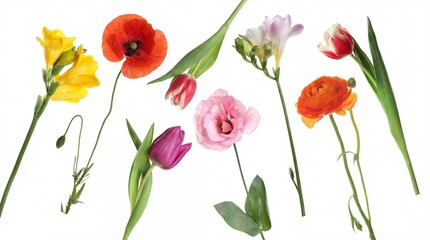 A diverse and vibrant collection of fresh flowers, including poppies, tulips, freesia, and ranunculus, artfully arranged on a white background.