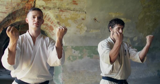 Two karate practitioners practice forward and side punches.