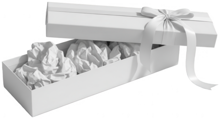 White open gift box with crumpled paper filler and satin ribbon