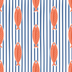 Blue coastal striped sardine fish seamless pattern. Ocean, marine, summer sea vacation repeat background. Hand drawn beach wallpaper, geometric print, wrap paper, retro fabric, vector textile design.