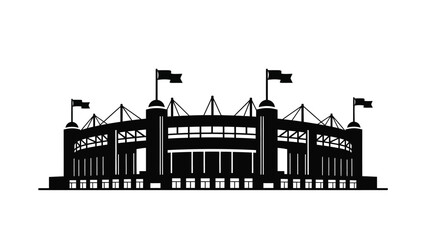 A striking black and white silhouette of a large sports stadium with flags © msunny93