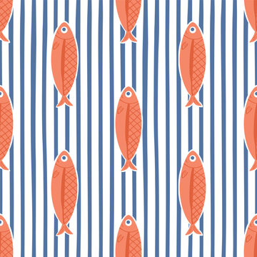 Blue coastal striped sardine fish seamless pattern. Ocean, marine, summer sea vacation repeat background. Hand drawn beach wallpaper, geometric print, wrap paper, retro fabric, vector textile design.