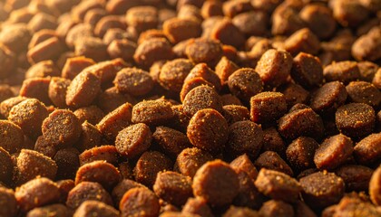 Obraz premium A detailed shot of a large pile of dark brown pet food kibble, showing the textured, granular surface of each small, irregular pellet under warm light.