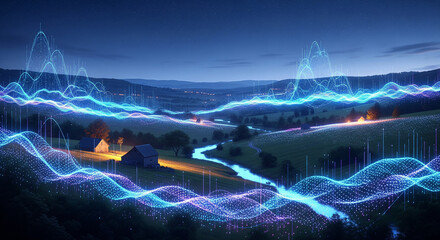 Futuristic digital landscape with glowing 