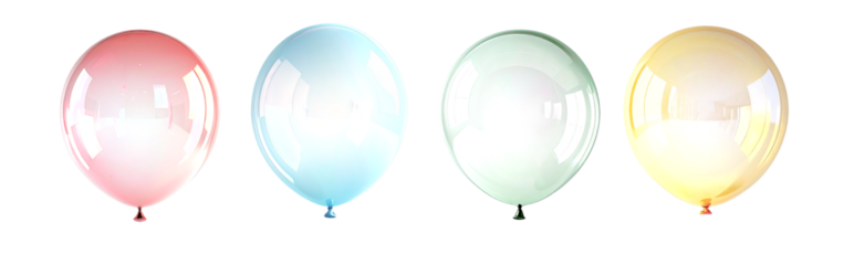 transparent balloons in a row, featuring pink, blue, green, and yellow colors, on transparent background.