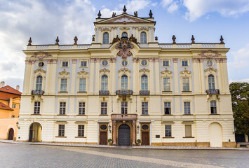 Obraz premium Front facade of the Archbishop Palace on the castle square in Prague, Czechia