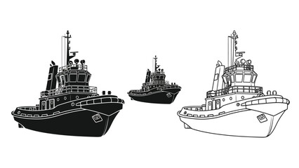 Detailed black and white illustrations of three different tugboats at sea