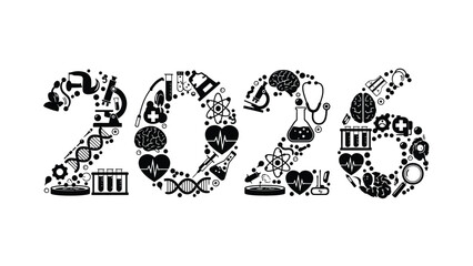 The year 2026 formed with medical and scientific symbols in black and white