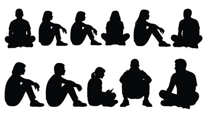 Silhouettes of people in various seated and relaxed postures black and white