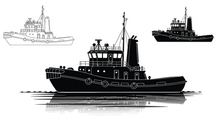 Black and white illustration of three tugboats on a calm body of water