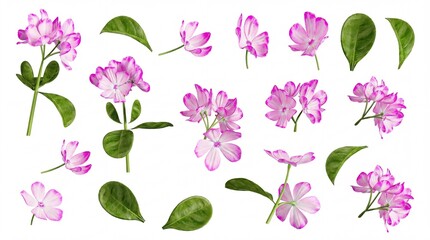 Vibrant cluster of pink and white Vinca flowers, also known as Periwinkle, with lush green leaves,...