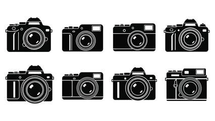 Collection of vintage and modern camera silhouettes on a white background