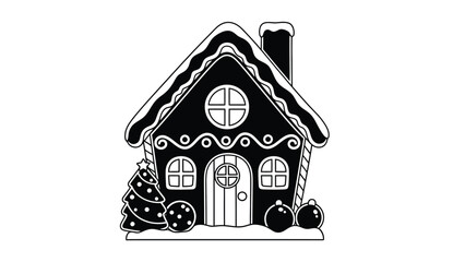 A charming black and white illustration of a festive gingerbread house design