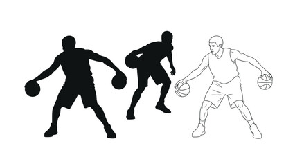 Basketball players in different styles silhouette and line art illustrations