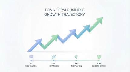 Long term business growth trajectory foundation expansion innovation global reach upward arrow blue green timeline success strategy progress infographic