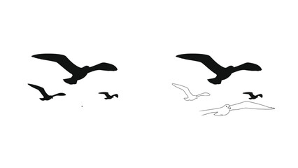 A flock of birds in flight depicted in both black and white outlines